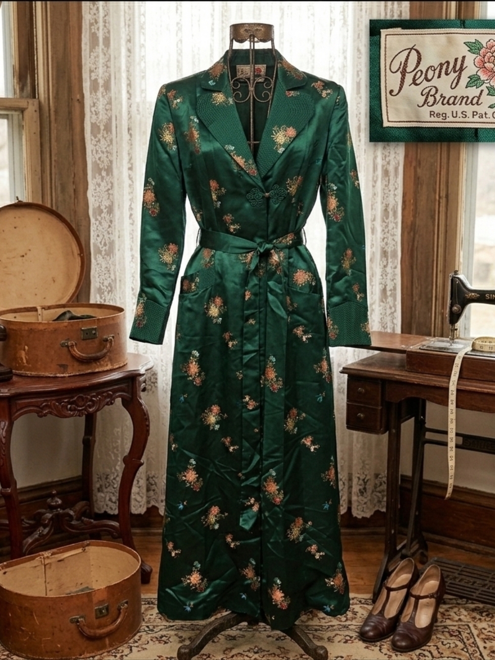 Vintage 1940s Peony Brand Emerald Green Silk Dressing Gown Robe S
